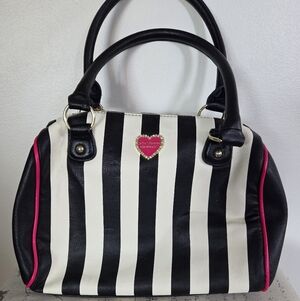 Betsey Johnson Black and White Stripe Satchel w/Pink Accents